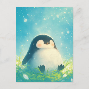Happy Baby Penguin in Grassy Snow Meadow Postcard