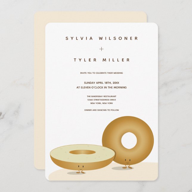 Happy Bagel Wedding White Brown Cream Vertical Invitation (Front/Back)