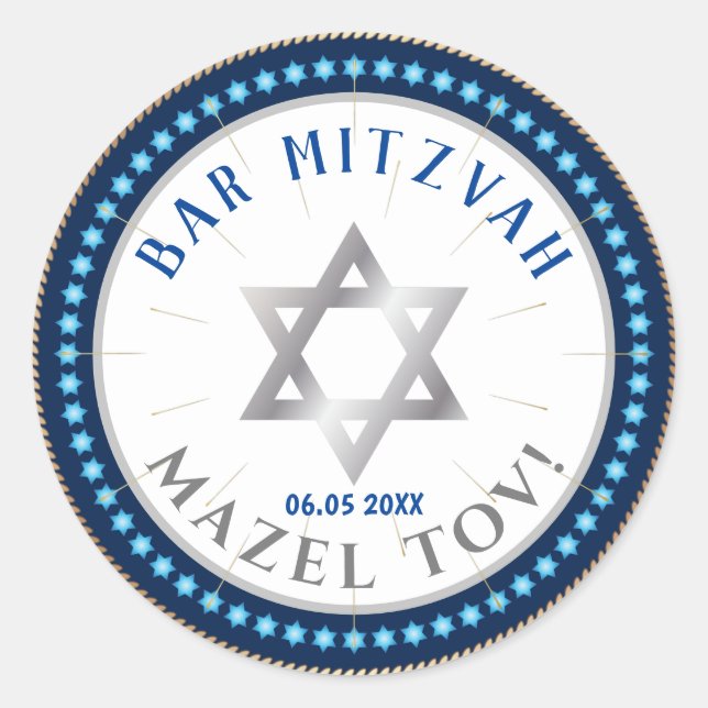 Happy Bar Mitzvah 20XX Blue Decorative Classic Round Sticker (Front)