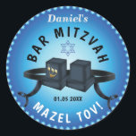 Happy Bar Mitzvah 20XX Blue Decorative Classic Round Sticker<br><div class="desc">Happy Bar Mitzvah 20XX Template. Tefillin on Blue colour pattern with star of David. Modern Design.  Religious Events Bar Mitzvahs.</div>