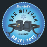 Happy Bar Mitzvah 20XX Blue Decorative Classic Round Sticker<br><div class="desc">Happy Bar Mitzvah 20XX Template. Tefillin on Blue colour pattern with star of David. Modern Design.  Religious Events Bar Mitzvahs.</div>