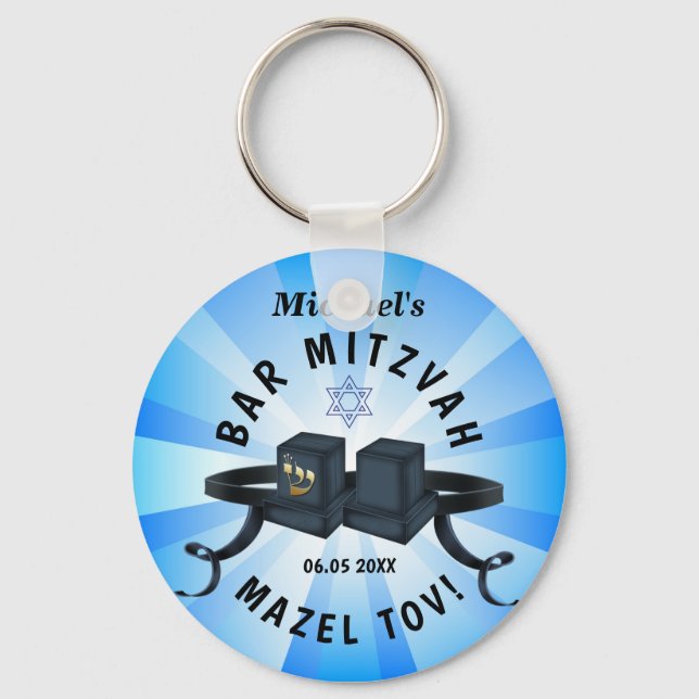 Happy Bar Mitzvah 20XX Blue Decorative Key Ring (Front)
