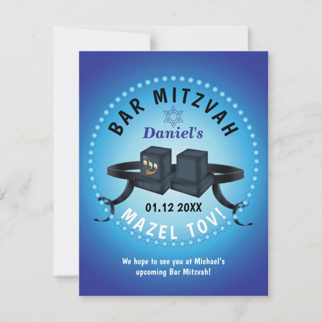 Happy Bar Mitzvah 20XX Blue Decorative RSVP Card (Front)