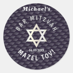 Happy Bar Mitzvah 20XX navy blue stylish pattern Classic Round Sticker