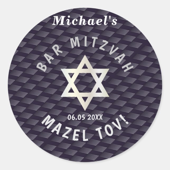 Happy Bar Mitzvah 20XX navy blue stylish pattern Classic Round Sticker (Front)