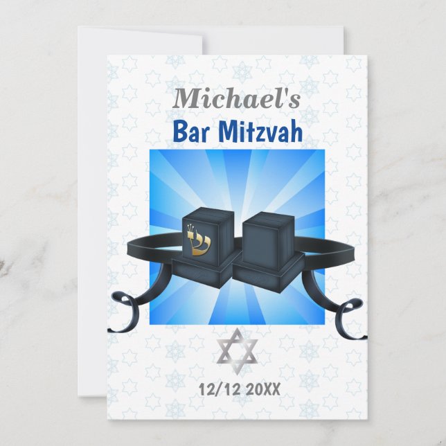 Happy Bar Mitzvah 20XX Tefillin Blue Invitation (Front)