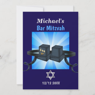 Happy Bar Mitzvah 20XX Tefillin Blue Personalised Holiday Card