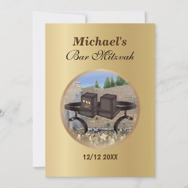 Happy Bar Mitzvah Jerusalem Kotel Tefillin Gold  Invitation (Front)