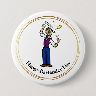 Happy Bartender Day Button - Male Cartoon