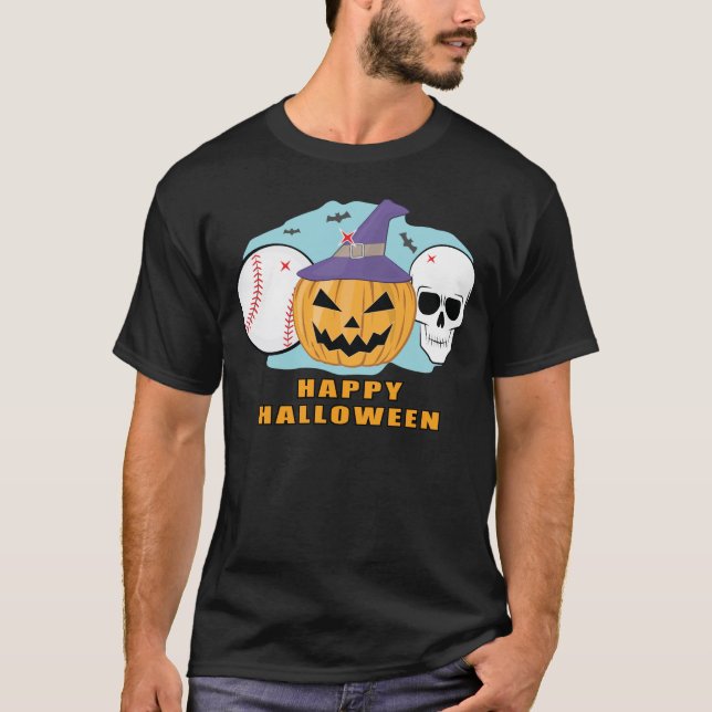 Happy Baseball Halloween - Spooky Skull and Pumpki T-Shirt (Front)