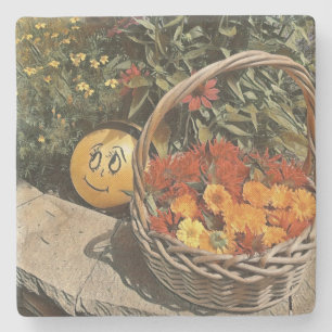 Happy Basket Of Flowers Stone Coaster