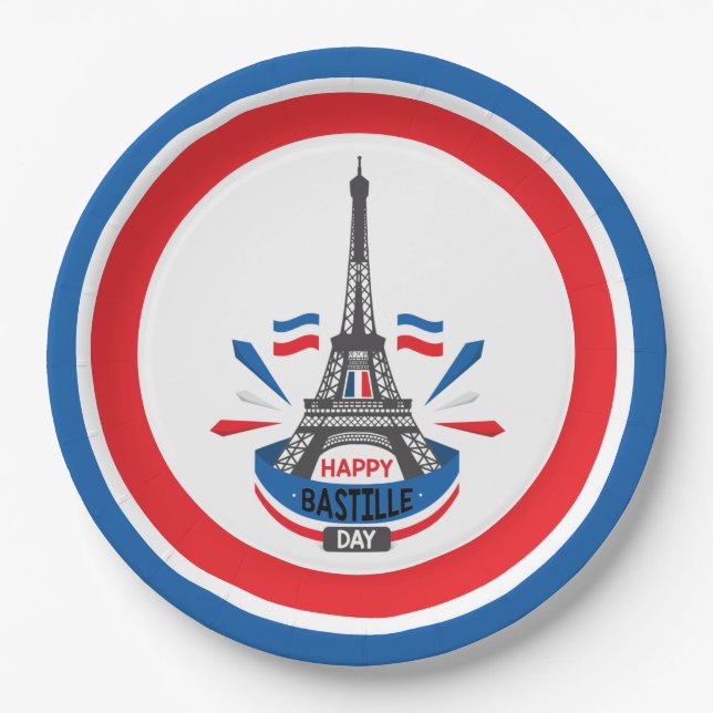 Happy Bastille Day Eiffel Tower Paper Plate (Front)