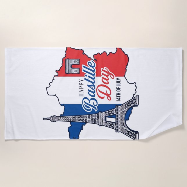 Happy Bastille Day France Map Eiffel Tower Vector_ Beach Towel (Front)