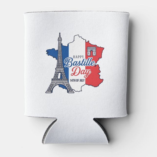 Happy Bastille Day France Map Eiffel Tower Vector_ Can Cooler (Front)