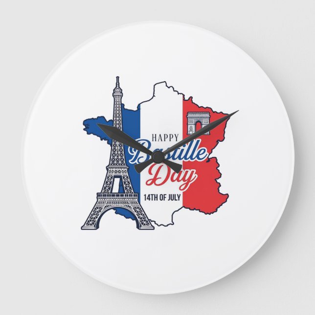 Happy Bastille Day France Map Eiffel Tower Vector_ Large Clock (Front)