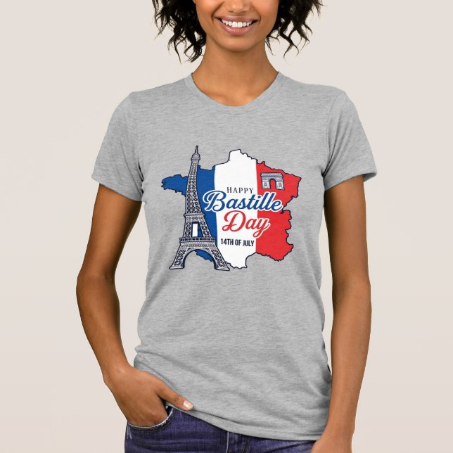 Happy Bastille Day France Map Eiffel Tower Vector_ T-Shirt (Front)