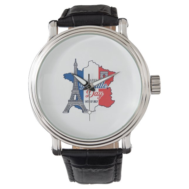 Happy Bastille Day France Map Eiffel Tower Vector_ Watch (Front)