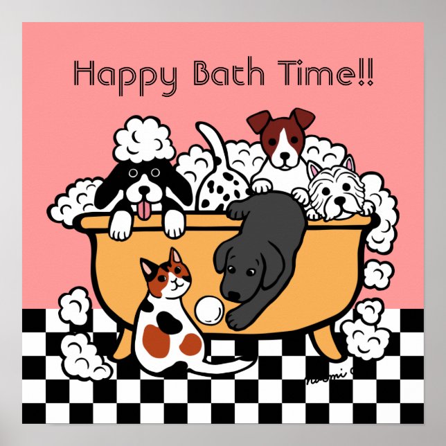 Happy Bath Time Black Labrador Cartoon Poster (Front)