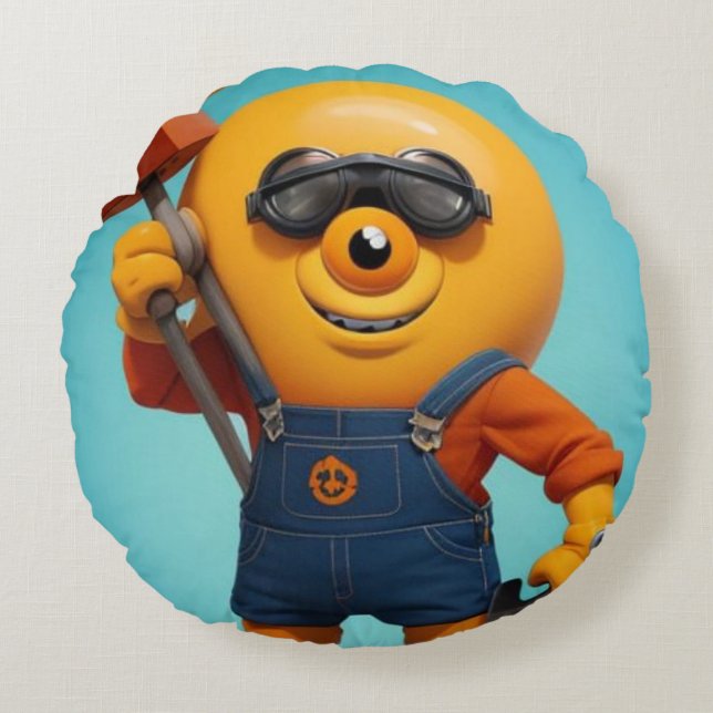 Happy Baumeister - Gelber Held with Hammer Round Cushion (Front)