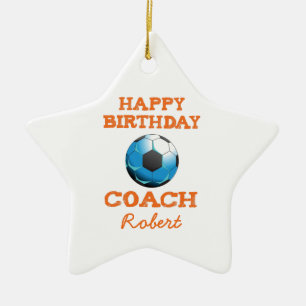 Happy Bday Soccer Coach Orange/Teal/Blue Starburst Ceramic Tree Decoration