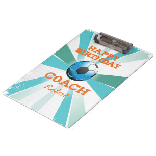 Happy Bday Soccer Coach Orange/Teal/Blue Starburst Clipboard