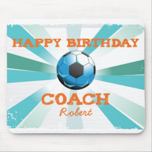 Happy Bday Soccer Coach Orange/Teal/Blue Starburst Mouse Mat