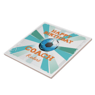 Happy Bday Soccer Coach Orange/Teal/Blue Starburst Tile