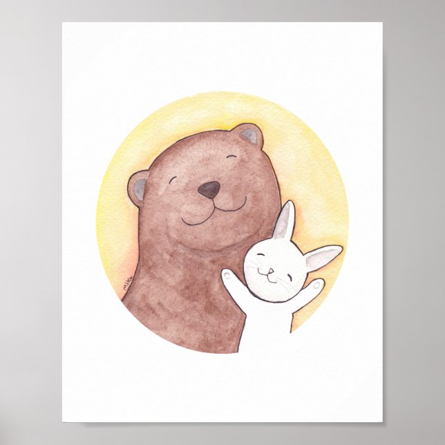 Happy Bear and Bunny Art Poster Woodland Decor (Front)