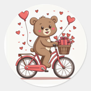 Happy Bear Riding Bicycle with Heart-Shaped Gifts Classic Round Sticker