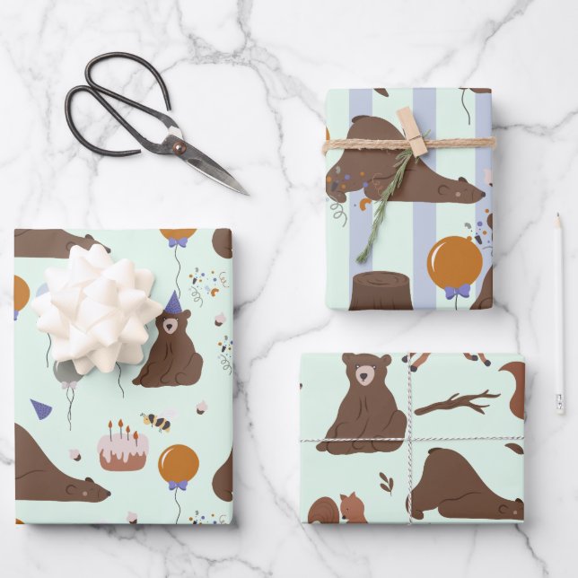 Happy Bear-thday Woodland Bear Birthday Wrapping Paper Sheet (Front)