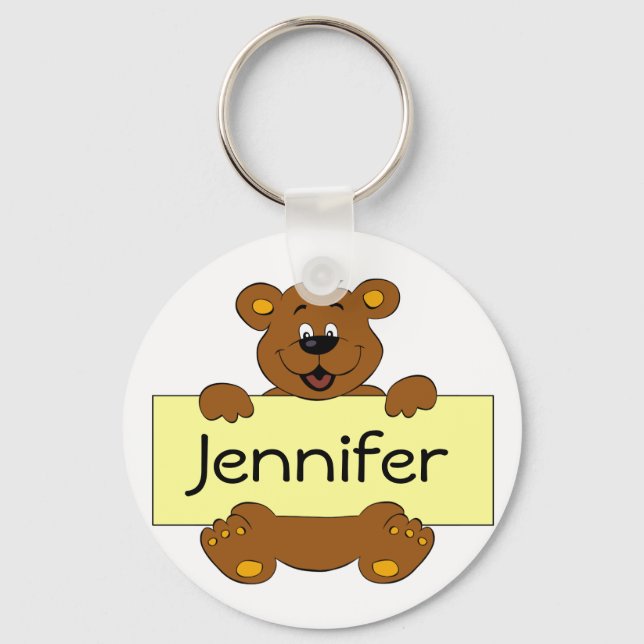 Happy bear with customisable banner cartoon key ring (Front)