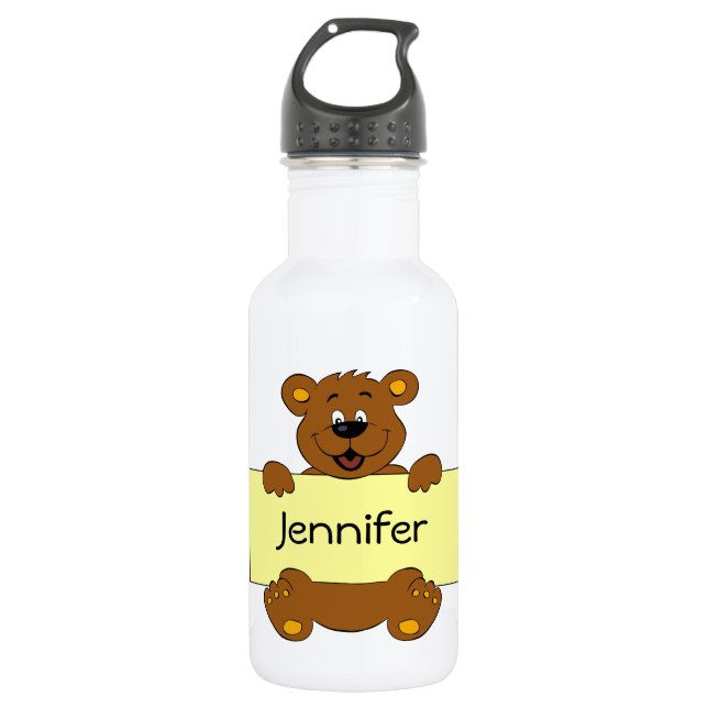Happy bear with customisable banner cartoon kids 532 ml water bottle (Front)