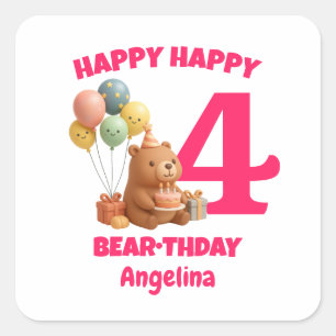 HAPPY BEARTHDAY Custom Teddy Bear 4th Birthday Square Sticker