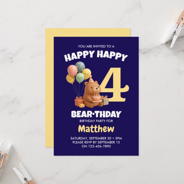 HAPPY BEARTHDAY Cute Teddy Bear 4th Birthday Invitation (Front/Back In Situ)
