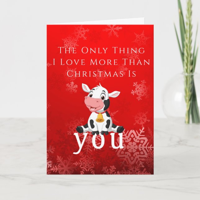 Happy Beautiful Baby Cow Christmas Red Card (Front)