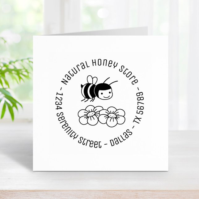 Happy Bee and Flowers Round Business Address 4 Rubber Stamp (Creator Uploaded)