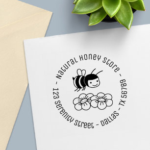 Happy Bee and Flowers Round Business Address Self-inking Stamp