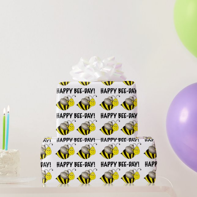 Happy Bee Day Bday Black Yellow Bumblebee Birthday Wrapping Paper (Party Gifts)