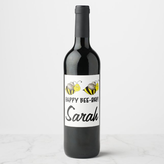 Happy Bee Day Bday Bumblebee Personalised Birthday Wine Label (Front)