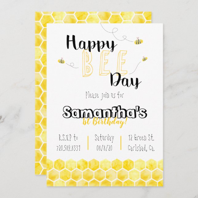 Happy Bee-Day Bee Theme Birthday Black and yellow Invitation (Front/Back)