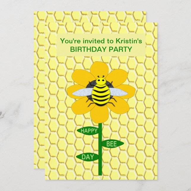 Happy Bee Day Birthday Bumblebee Custom Invitation (Front/Back)