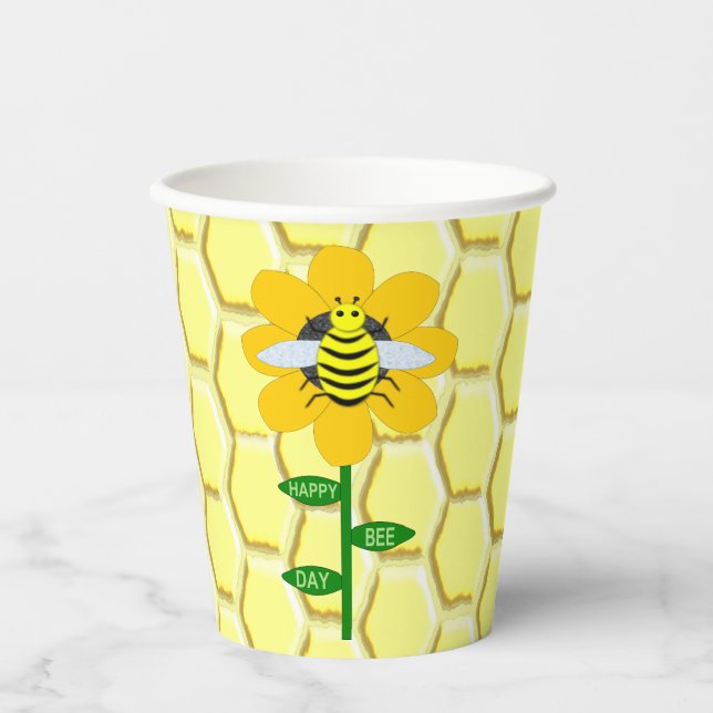 Happy Bee Day Birthday Bumblebee Paper Cups (Front)