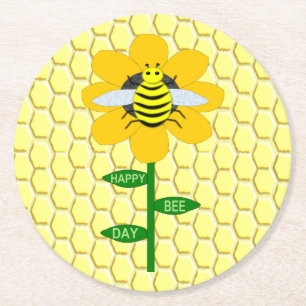 Happy Bee Day Birthday Bumblebee Round Paper Coaster