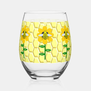 Happy Bee Day Birthday Bumblebee Stemless Wine Glass