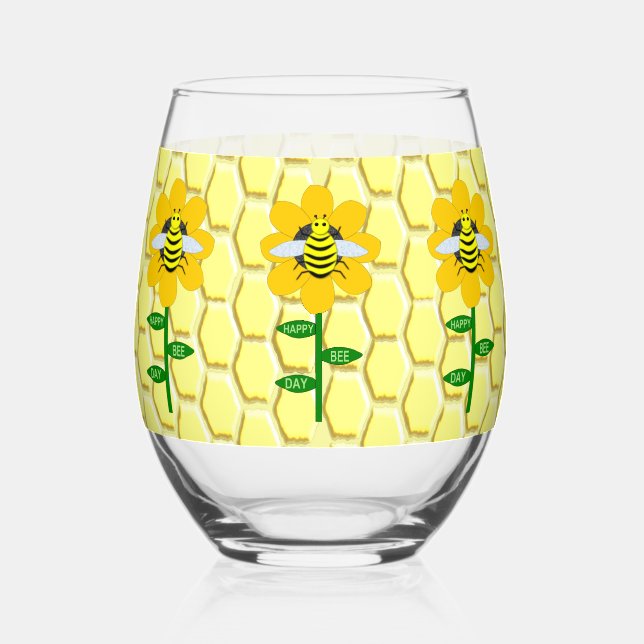 Happy Bee Day Birthday Bumblebee Stemless Wine Glass (Front)