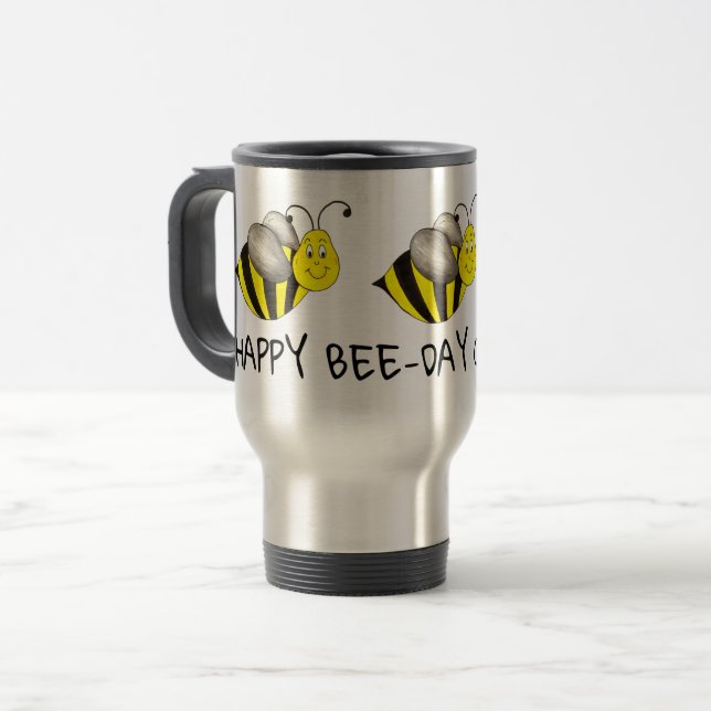 HAPPY BEE-DAY Birthday Yellow Bee Bumblebee Favour Travel Mug (Front Left)
