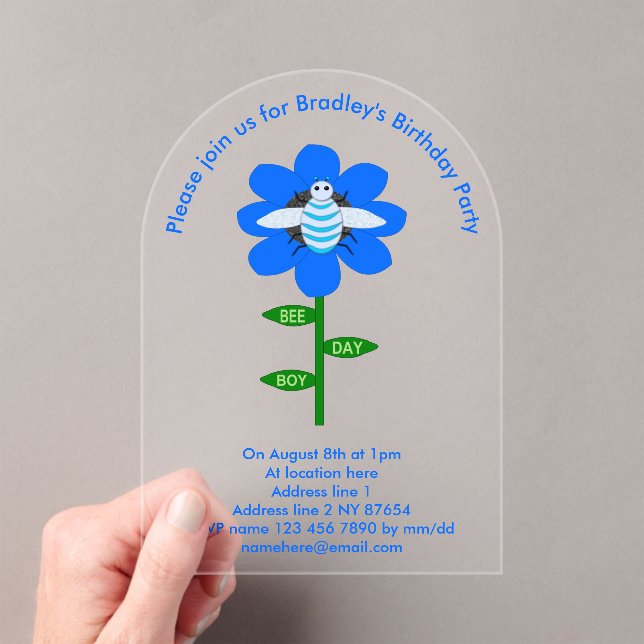 Happy Bee Day Boy Blue Birthday Bumblebee Custom Acrylic Invitations (Insitu (Handheld))