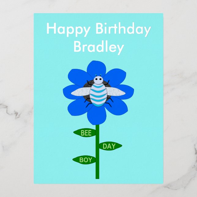Happy Bee Day Boy Blue Birthday Bumblebee Custom Foil Holiday Postcard (Front)