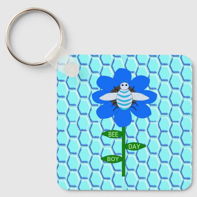 Happy Bee Day Boy Blue Birthday Bumblebee Custom Key Ring (Front)