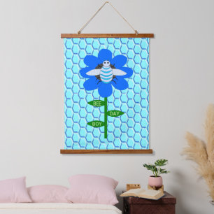 Happy Bee Day Boy Blue Birthday Bumblebee Hanging Tapestry